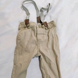 Stylish Kids' Tan Overalls with Striped Suspenders